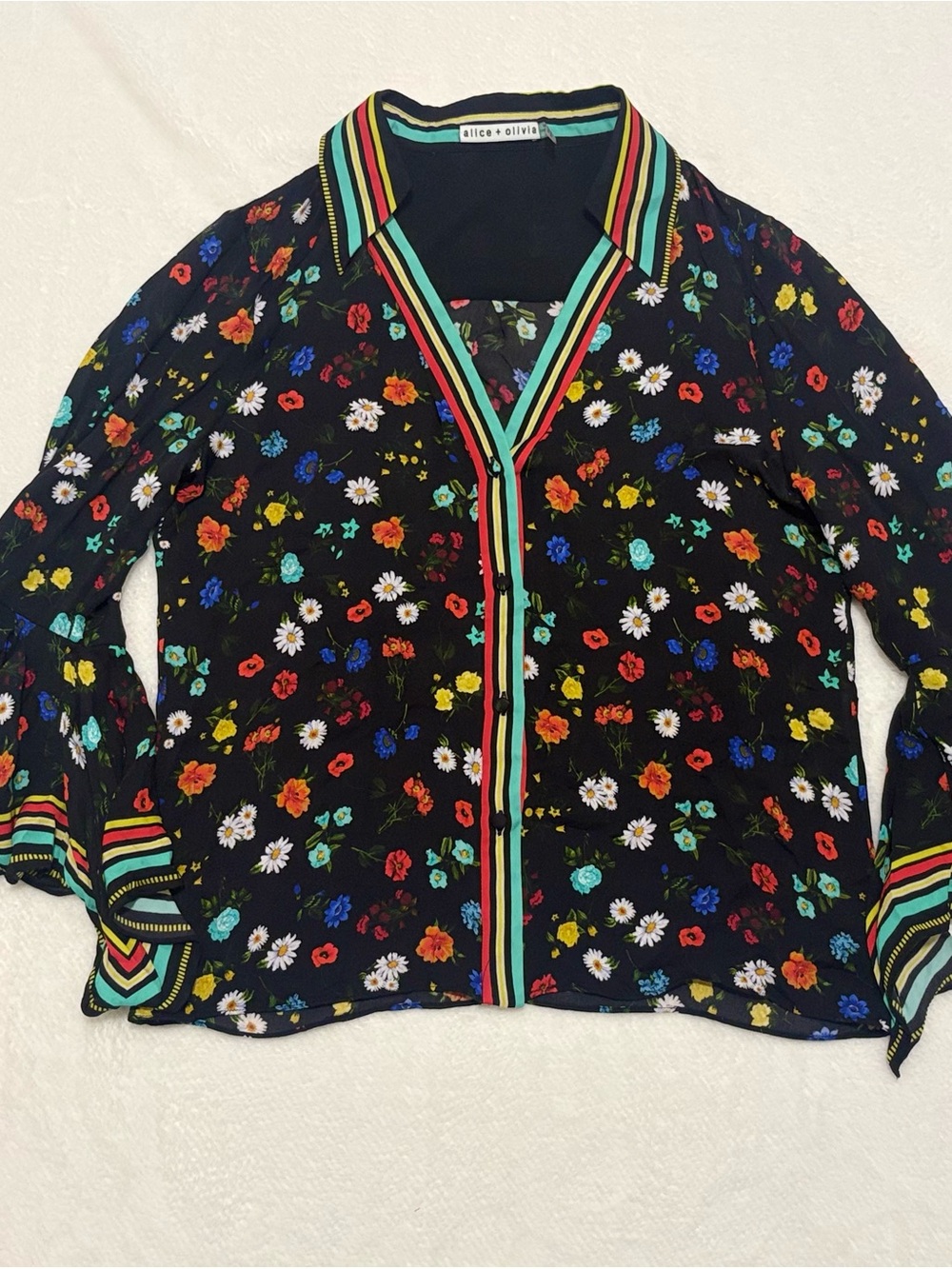 Alice + Olivia Black Floral Button-Front Shirt with Multicolor Trim